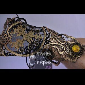 BLACK GOLD YELLOW STONE BRASS MID LENGTH LACE UP FINGERLESS GLOVE COSPLAY COSTUM